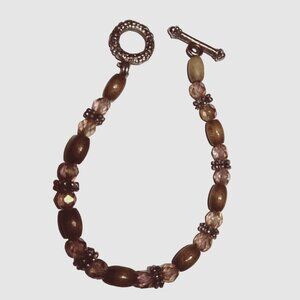 Silver Wood Pink Crystal Bead Bracelet 8 inch